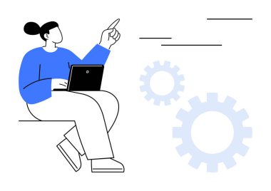 Individual seated with laptop, gesturing upward toward ideas or solutions, with gear graphics. Ideal for innovation, technology, teamwork, strategy, creativity, productivity and brainstorming