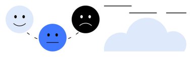 Series of happy, neutral, and sad faces connected by dashed lines leading to a stylized cloud. Ideal for communication, feedback, emotion, mental health, mood change connection concepts. A simple
