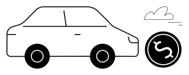 Simplistic sketch of a car, coin with dollar sign, and a drifting cloud. Ideal for themes thumbs up economy, automotive, fuel efficiency, sustainability, savings, transportation simple landing page