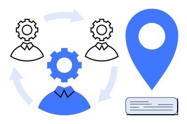 Abstract team profiles, gear connections symbolizing collaboration, arrows indicating flow, map pointer for location, rectangle. Ideal for teamwork, planning, network, logistics workflow strategy