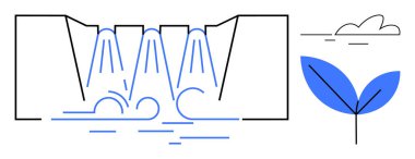 Flowing water from dam into river, blue eco leaf symbol, minimal cloud in the sky. Ideal for renewable energy, sustainable innovation, eco-friendly design, green technology, water resource