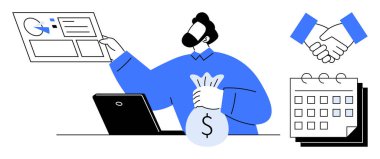 Professional examines data screen, holds money bag, accompanied by handshake and calendar icons. Ideal for finance, teamwork, planning, investment, deadlines partnerships growth. Simple flat