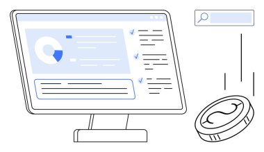 Desktop screen displaying financial analytics with charts and task lists. Coin illustration adds focus on monetary themes. Ideal for fintech, data analytics, business, investment, planning