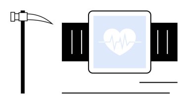 Smartwatch with heart and pulse icon beside scythe combining advanced health tracking and mortality symbolism. Ideal for health, mortality, technology, balance, progress, awareness, life. Simple flat