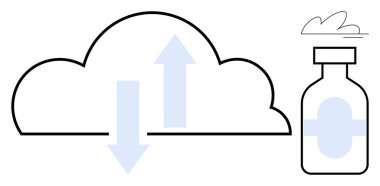 Cloud with up and down arrows and a medicine bottle representing data sharing in healthcare. Ideal for technology, health, data transfer, telemedicine, innovation, cloud storage, simple flat metaphor