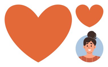 Large and small orange hearts, smiling woman in a circular frame. Ideal for love, care, compassion, relationships, connection, kindness positivity. Simple flat metaphor