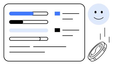 Progress bars and checklist paired with a happy face and coin. Ideal for productivity, gamification, reward systems, motivation, goal tracking, success, and encouragement. Simple flat metaphor