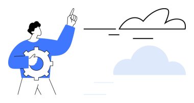 Businessman holding a gear while pointing towards the sky with cloud elements. Ideal for innovation, technology, cloud computing, teamwork, strategy, vision, goal setting. Simple flat metaphor