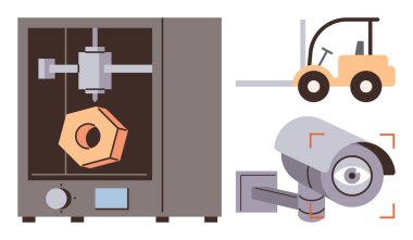 3D printer creating a hexagonal nut, wall-mounted surveillance camera with focus marks, and forklift in profile. Ideal for industry, manufacturing, security, logistics, automation, monitoring