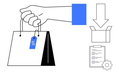 Hand gripping discount-labeled shopping bag, arrow pointing to open box, checklist, gear. Ideal for e-commerce, shopping, discount, retail delivery order management consumer concepts. Simple flat