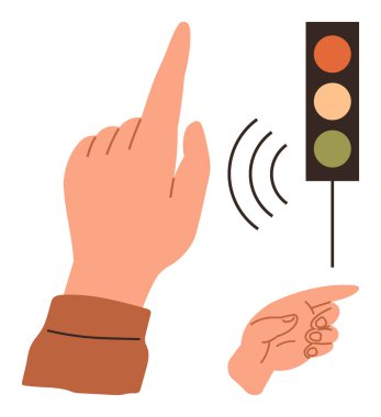 Hands gesturing with pointing and stoplight icon waves imply interaction. Ideal for communication, accessibility, decision-making, instruction, transportation, signal, safety concepts. Simple flat