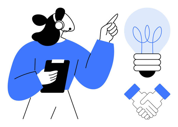 Woman holding clipboard points upward near lightbulb representing innovation, and handshake suggesting collaboration. Ideal for business, teamwork, communication, leadership, creativity