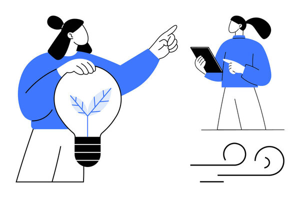 Two individuals discussing innovation with eco-conscious emphasis one holding a light bulb showing a plant, the other using a tablet. Ideal for teamwork, sustainability, collaboration, technology