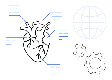 Anatomical heart with data points, gears symbolizing innovation, and a globe for global health. Ideal for healthcare, innovation, global connectivity, technology, research, optimization simple