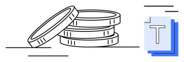 Stacked coins highlighting financial growth next to layered text symbol representing information management. Ideal for finance, economy, investment, data organization, digital tools, education