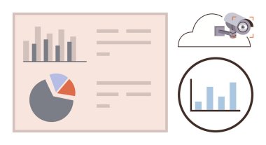 Bar chart, pie chart, analytics text, cloud surveillance camera, circular icon with bar graph. Ideal for data monitoring, security, business analytics technology organization reporting. Simple