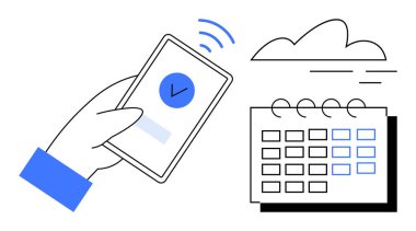 Hand holding a smartphone with a checkmark next to a calendar under a cloud icon. Ideal for planning, scheduling, reminders, productivity, organization, technology, digital integration. Simple flat