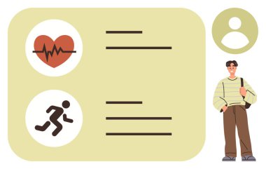 Heartbeat monitor and activity tracker icons on a dashboard interface alongside a standing male character with a bag. Ideal for fitness tracking, self-care, medical overview, health monitoring