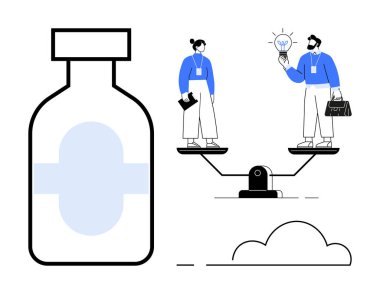 Medicine bottle beside balanced scales with male holding light bulb and female holding documents. Ideal for teamwork, innovation, equality, health, business balance, pharmaceutical metaphor, simple