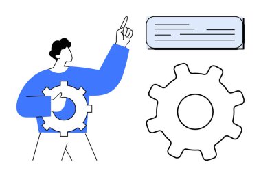 Character holding gear while pointing at a text box, signifying workflow, system optimization, innovation, teamwork, technology, problem-solving, creativity. Ideal for simple flat metaphor