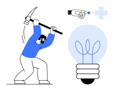 Person wielding pickaxe next to glowing lightbulb, highlighted hand adding spark. Ideal for innovation, brainstorming, problem-solving, hard work, energy, invention progress. Simple flat metaphor