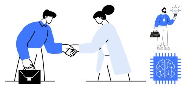Business professionals shaking hands, man holding idea bulb, brain inside microchip symbol. Ideal for innovation, teamwork, partnership, agreement, AI technology progress. Simple flat metaphor
