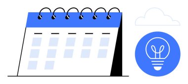 Spiral-bound calendar with highlighted sections, a glowing bulb symbolizing ideas, and a cloud in the background. Ideal for productivity, planning, ideas, innovation, brainstorming, scheduling