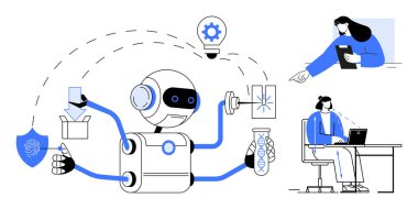 Robot managing tasks thumbs up research, technology, cybersecurity, and laboratory tests humans collaborating. Ideal for AI integration, innovation, teamwork, science, productivity creativity