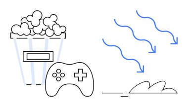 Popcorn bucket, gaming controller, and abstract airflow lines near motion trail. Ideal for gaming, entertainment, leisure, comfort, relaxation casual fun living room vibe. Simple flat metaphor