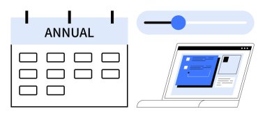 Annual calendar, progress slider, laptop with digital workspace. Ideal for planning, productivity, time management, digital tools, scheduling task tracking and organization. Simple flat metaphor