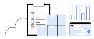 Checklist with blue checkmarks, stacked boxes, bar chart, and messaging prompt in cloud-based context. Ideal for logistics, inventory tracking, task planning, teamwork, productivity data management