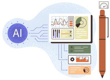 AI technology icon linked to graphs, pie charts, data bars, and detailed analytics dashboard. Ideal for tech, business, innovation, artificial intelligence, data research simple flat metaphor