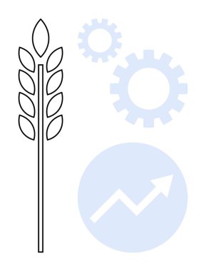 Wheat stalk, gears indicating technology, and an upward graph suggesting progress. Ideal for agriculture, innovation, growth, sustainability, technology business development concepts. Clean flat