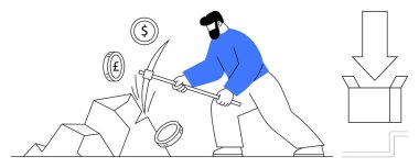 Man using pickaxe to extract currency symbols from rocks, with coins flowing into a box. Ideal for finance, cryptocurrency, mining, investment, technology, economy digital wealth. Simple flat