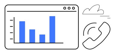Bar chart on a digital screen represents data insights. Phone icon connects to communication theme. Ideal for business, analytics, communication, networking, cloud computing, support, and a simple