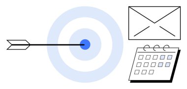 Arrow striking target center beside envelope and calendar. Ideal for goal setting, productivity, time management, focus, communication, email marketing, scheduling. Simple flat metaphor