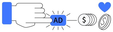 Hand clicking AD button emitting rays, stack of coin icons with dollar signs, blue heart. Ideal for advertising, marketing, monetization, digital campaigns, revenue, user engagement simple landing