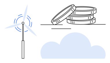 Wind turbine with moving blades and stacked coins beside a cloud. Ideal for sustainability, renewable energy, environment, finance, green economy, innovation, climate action. Simple flat metaphor