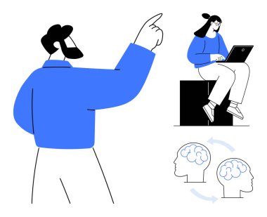 Person explaining a concept, woman working on a laptop, exchange of ideas with brain illustrations. Ideal for teamwork, communication, education, brainstorming, strategy, innovation presentation