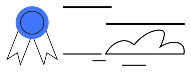 Blue award ribbon alongside simple cloud and line graphics. Ideal for achievement, success, certification, minimalism, inspiration, recognition, rewards. Simple flat metaphor