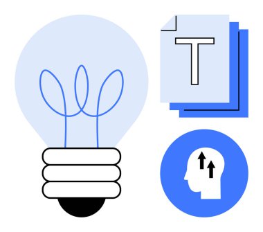 Light bulb symbolizes innovation, text documents indicate information sharing, and head icon represents growth mindset. Ideal for creativity, education, innovation strategy, productivity, teamwork