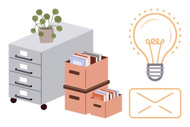 Filing cabinet, books in boxes, potted plant, envelope, and glowing lightbulb. Ideal for organization, productivity, creativity minimalism office setup brainstorming inspiration. A simple flat
