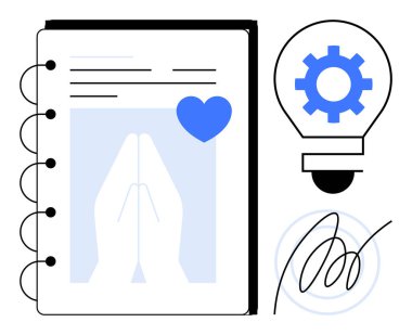 Open notebook with praying hands graphic, blue heart, lightbulb with gear, and stylized signature. Ideal for faith, creativity, productivity, innovation, gratitude spirituality and personal growth