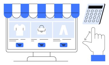 Computer screen featuring product categories, shopping cart icons, calculator for transaction calculation, and hand gesture. Ideal for e-commerce, shopping, retail business, online payment, digital