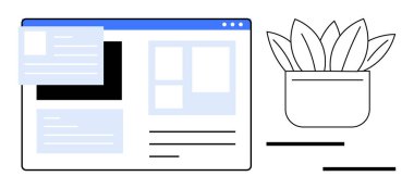 Webpage interface floating above a desk plant. Ideal for productivity, web design, digital workspace, organization, balance, creativity, modern aesthetics. Minimalist simple flat metaphor