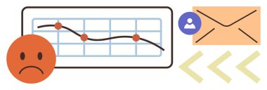 Downward graph line with sad face, email icon, and user profile symbol. Ideal for analytics, failure, feedback, notification, business trends, communication and simple flat metaphor