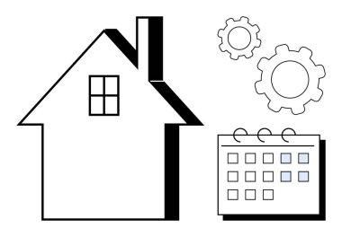 House silhouette with chimney, calendar with dates, and gears symbolizing planning, organization, real estate, home improvement, project management, repairs and scheduling. Ideal for property