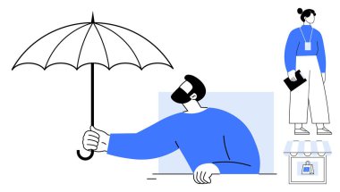 Man extending umbrella for protection, woman standing beside storefront. Ideal for business, insurance, security, customer service, teamwork, safety responsibility. Simple flat metaphor