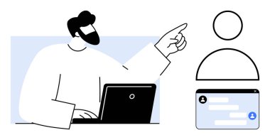 Person working on laptop pointing towards user icon with chat window overlay. Ideal for collaboration, video conferencing, online learning, virtual teams, digital onboarding, networking, simple
