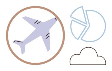 Airplane encircled by brown border, blue pie chart, and cloud outline. Ideal for travel, aviation, data analysis, logistics, weather, business strategy simple flat metaphor